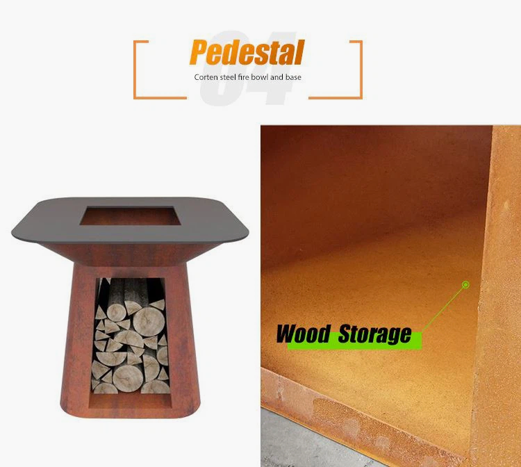 GN-BBQ-222 Corten Barbecue Grill with Trapezoid Base-wood storage pedestal
